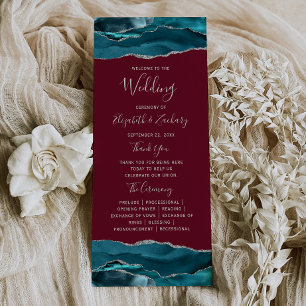 Teal Blue Silver Agate Burgundy Wedding Programme