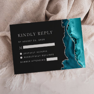 Teal Blue Silver Agate Dark Wedding RSVP Card