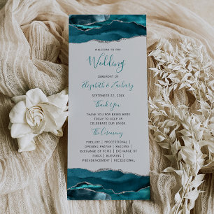 Teal Blue Silver Agate Grey Wedding Programme
