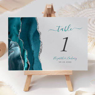 Teal Blue Silver Agate Grey Wedding Table Number