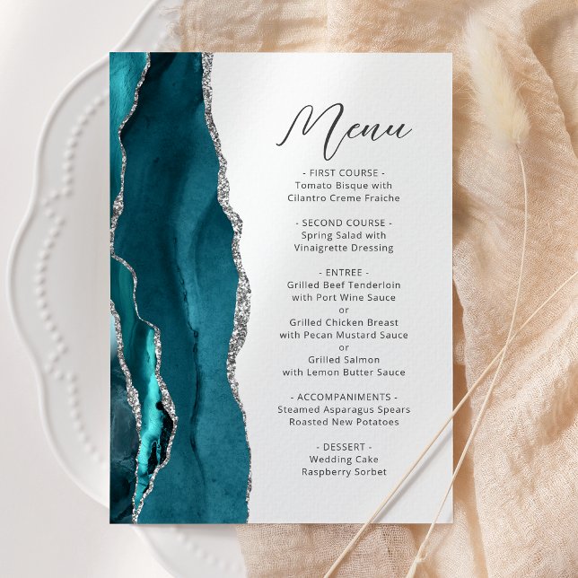 Teal Blue Silver Agate Modern Script Wedding Menu (Creator Uploaded)