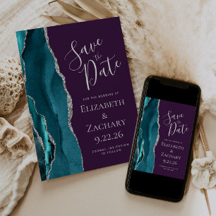Teal Blue Silver Agate Purple Save the Date Card
