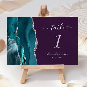 Teal Blue Silver Agate Purple Wedding Table Number