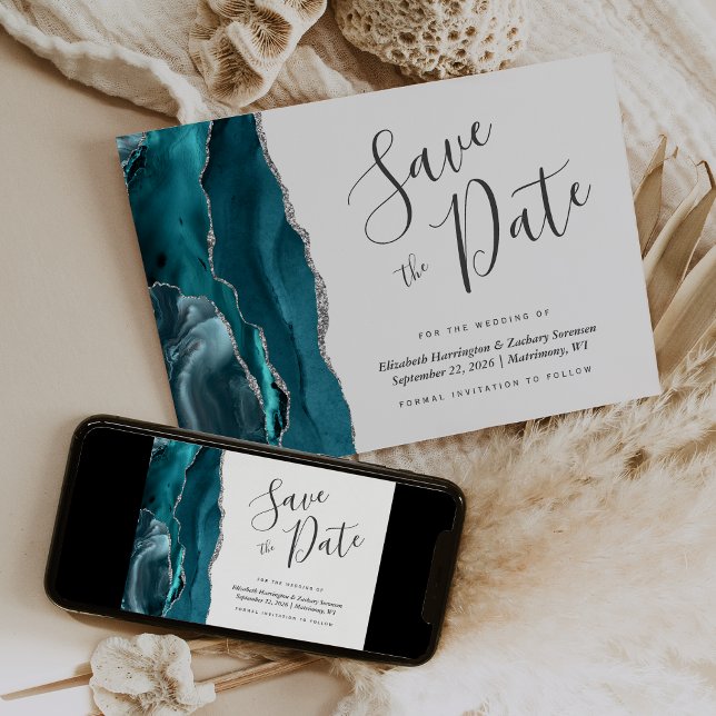 Teal Blue Silver Agate Save the Date Card (Creator Uploaded)