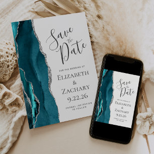 Teal Blue Silver Agate Save the Date Card