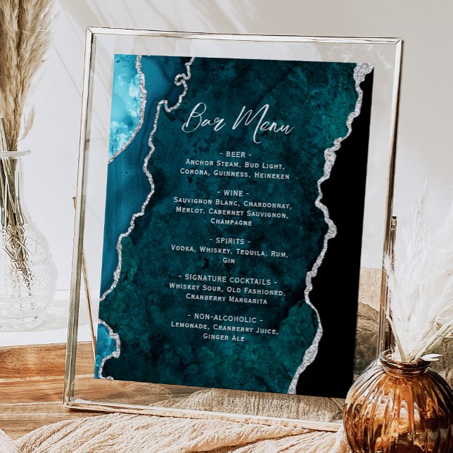 Teal Blue Silver Agate Script Wedding Bar Menu  Poster (Creator Uploaded)