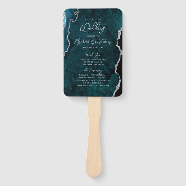 Teal Blue Silver Agate Script Wedding Program Hand Fan (Front)