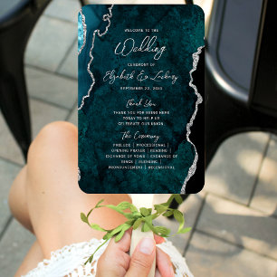 Teal Blue Silver Agate Script Wedding Program Hand Fan