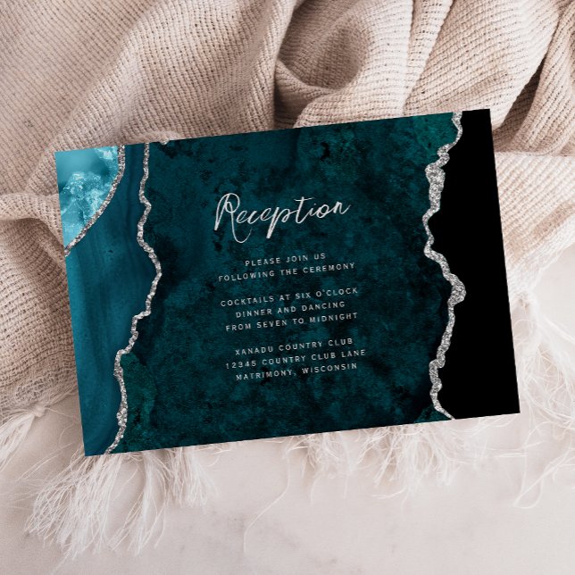 Teal Blue Silver Agate Script Wedding Reception Enclosure Card (Creator Uploaded)