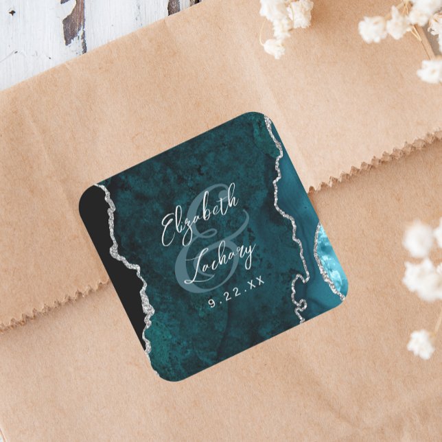 Teal Blue Silver Agate Script Wedding Square Sticker (Creator Uploaded)