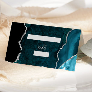 Teal Blue Silver Agate Script Wedding Table Place Card