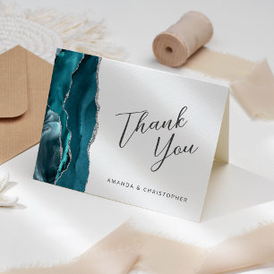 Teal Blue Silver Agate Script Wedding Thank You Card
