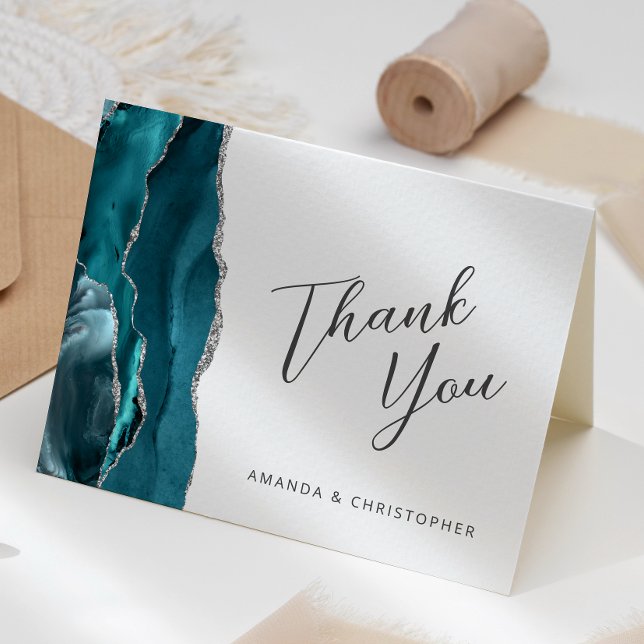 Teal Blue Silver Agate Script Wedding Thank You Card (Creator Uploaded)