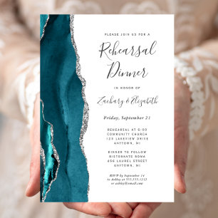 Teal Blue Silver Agate Wedding Rehearsal Dinner Invitation