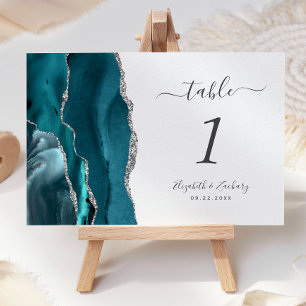 Teal Blue Silver Agate Wedding Table Number