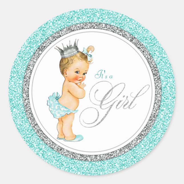 Teal Blue Silver Baby Shower Classic Round Sticker (Front)