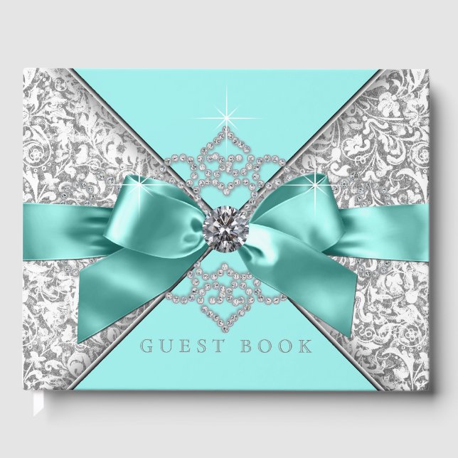 Teal Blue Silver Birthday Party Wedding Guest Book (Front)