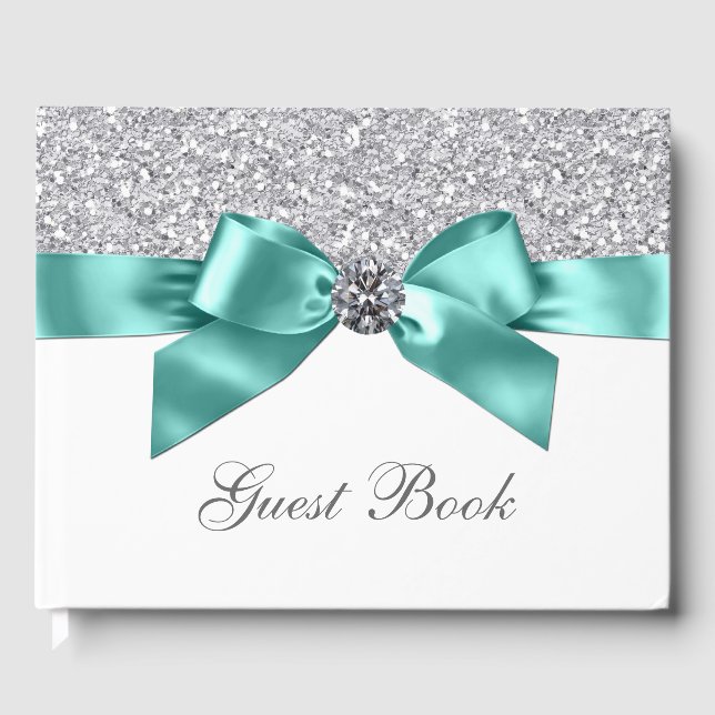 Teal Blue Silver Birthday Wedding Guest Book (Front)
