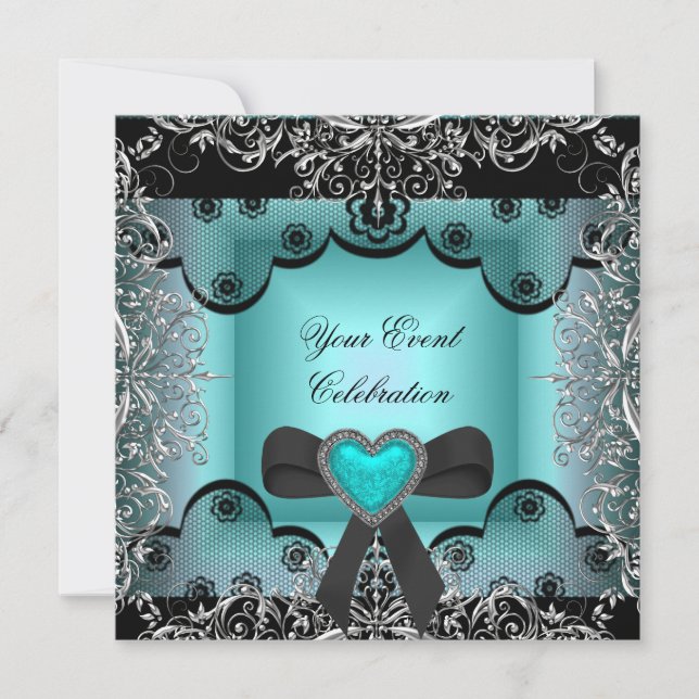 Teal Blue Silver Black Lace Elegant Party Invitation (Front)