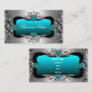 Teal Blue Silver Diamond Image Hearts Elegant Business Card