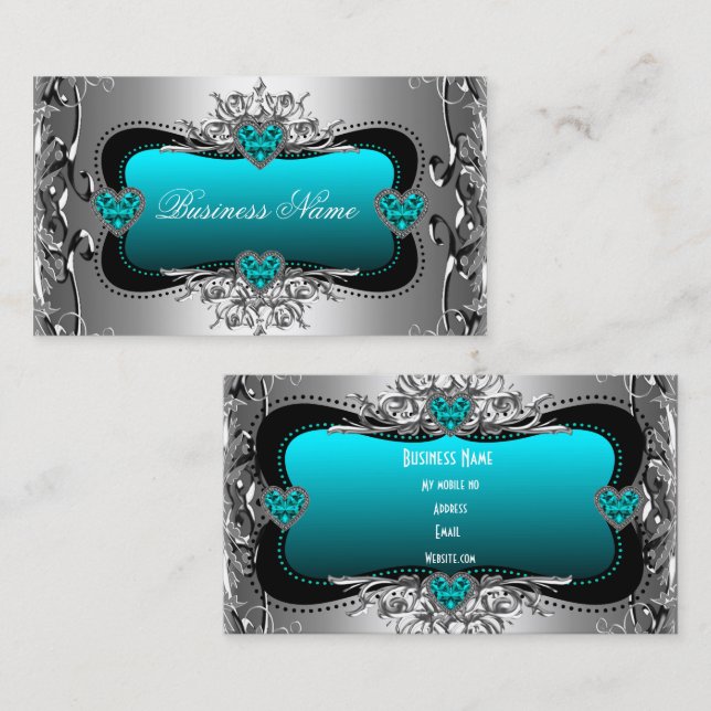 Teal Blue Silver Diamond Image Hearts Elegant Business Card (Front/Back)