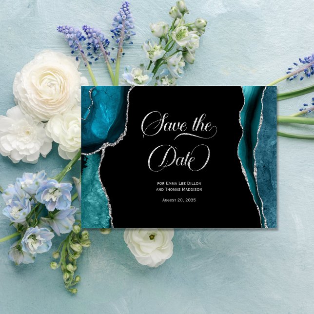 Teal Blue Silver Faux Glitter Agate Save the Date (Creator Uploaded)