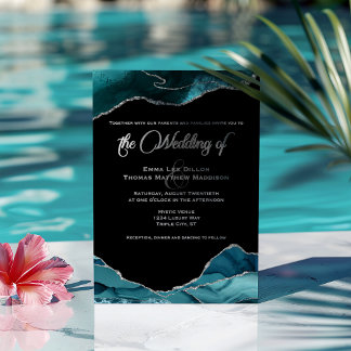 Teal Blue Silver Faux Glitter Agate Wedding