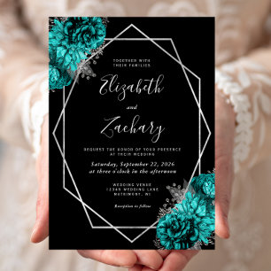 Teal Blue Silver Floral Black Wedding Invitation
