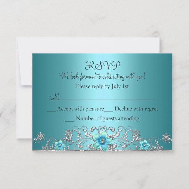 Teal Blue Silver Floral Swirl RSVP (Front)