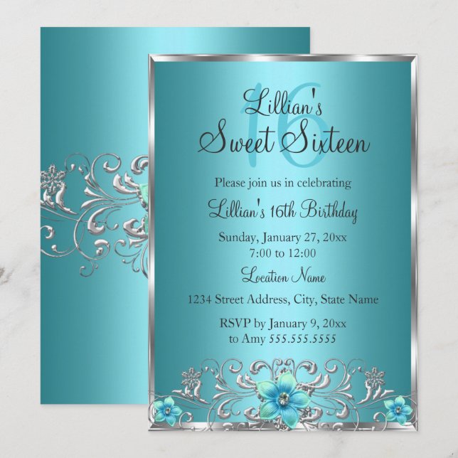 Teal Blue Silver Floral Swirl Sweet 16 Invitation (Front/Back)