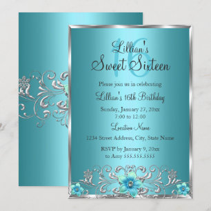 Teal Blue Silver Floral Swirl Sweet 16 Invitation