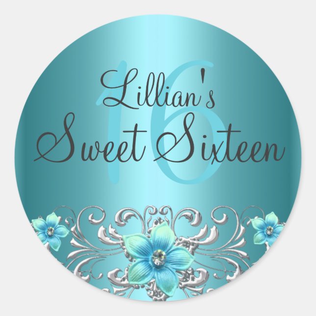Teal Blue Silver Floral Swirl Sweet 16 Sticker (Front)