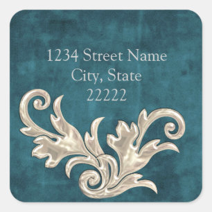 Teal Blue Silver Flourishes Return Address Square Sticker