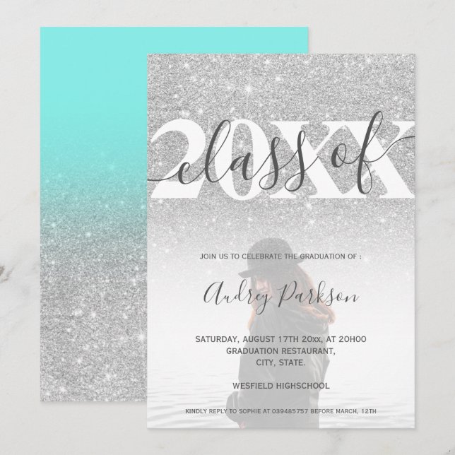 Teal blue silver glitter 2020 photo graduation invitation (Front/Back)