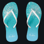 Teal blue silver glitter aqua sea green monogram flip flops<br><div class="desc">A teal,  blue sea,  ocean green glitter gradient background. Decorated with faux silver glitter drops. Personalise and add a name and monogram letters. A modern hand lettered style script,  white and blue letters</div>