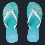 Teal blue silver glitter aqua sea green monogram flip flops<br><div class="desc">A teal,  blue sea,  ocean green glitter gradient background. Decorated with faux silver glitter drops. Personalise and add a name and monogram letters. A modern hand lettered style script,  white and blue letters</div>