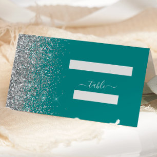 Teal Blue Silver Glitter Edge Wedding Place Card
