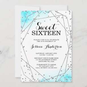 Teal Blue Silver Glitter Geometric Sweet 16 Invitation