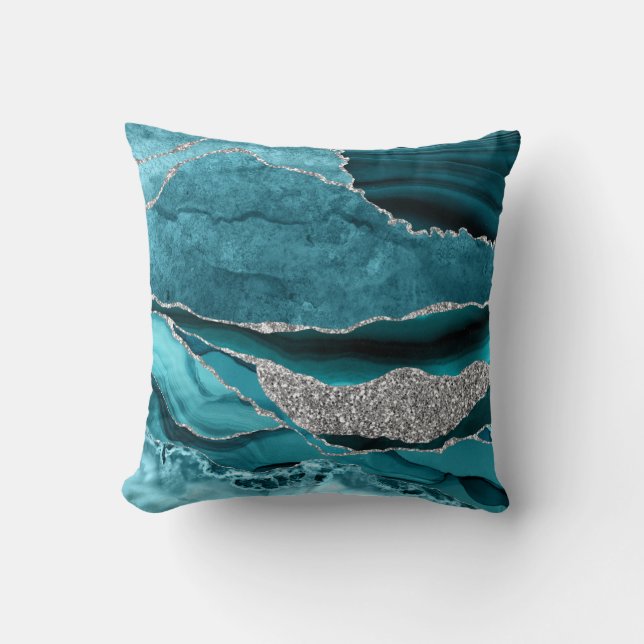 Teal Blue Silver Glitter Luxury Agate Geode Cushion (Front)