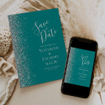 Teal Blue Silver Glitter Save the Date Announcement<br><div class="desc">The left-hand edge of this elegant modern wedding save the date card features a silver faux glitter border. The customisable text combines silver grey handwriting,  copperplate and italic fonts on a teal blue background. The reverse side features a matching teal and silver design.</div>