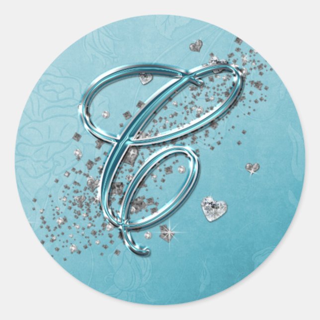 Teal Blue Silver Glitter Script Text Monogram C Classic Round Sticker (Front)
