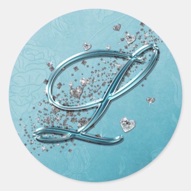 Teal Blue Silver Glitter Script Text Monogram L Classic Round Sticker (Front)