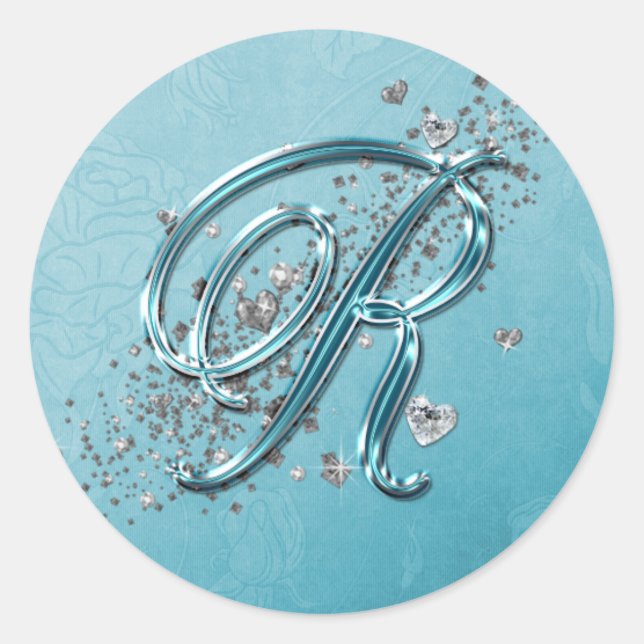 Teal Blue Silver Glitter Script Text Monogram R Classic Round Sticker (Front)