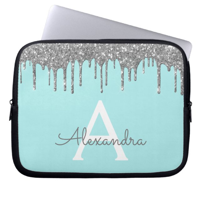 Teal Blue Silver Glitter Sparkle Monogram Laptop Sleeve (Front)