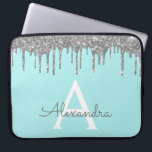 Teal Blue Silver Glitter Sparkle Monogram Laptop Sleeve<br><div class="desc">Teal Blue - Aqua and Silver Faux Dripping Modern and Elegant Girly Glitter and Sparkle Elegant Monogram Case. This case can be customised to include your initial and first name.</div>