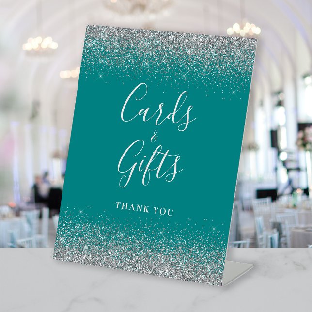 Teal Blue Silver Glitter Wedding Cards and Gifts Pedestal Sign (Creator Uploaded)