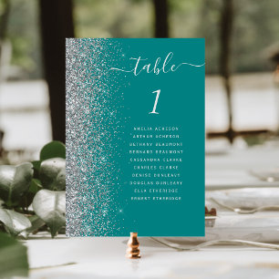 Teal Blue Silver Glitter Wedding Table Number
