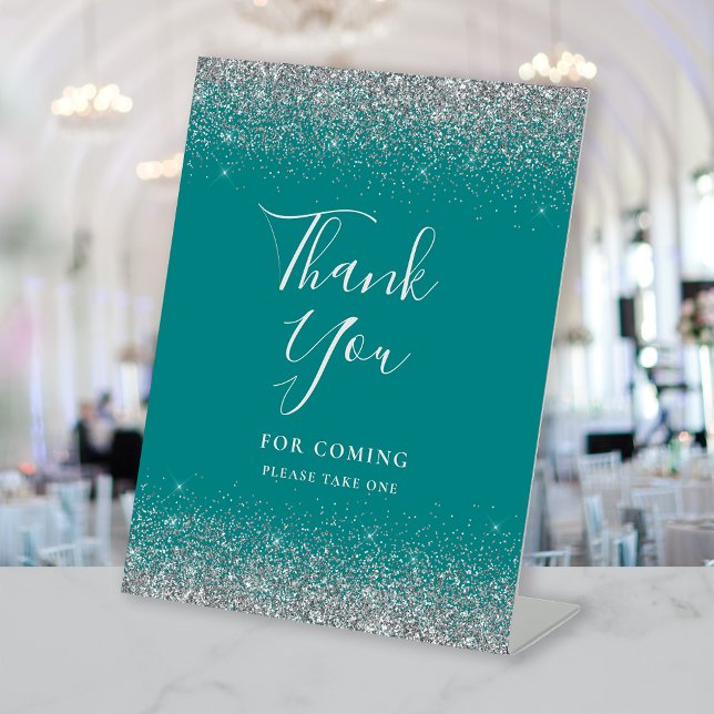 Teal Blue Silver Glitter Wedding Thank You Pedestal Sign (Creator Uploaded)