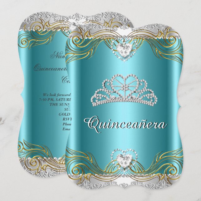 Teal Blue Silver Gold Quinceanera Birthday Party 2 Invitation (Front/Back)