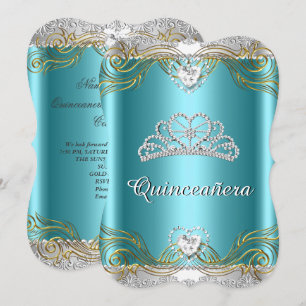 Teal Blue Silver Gold Quinceanera Birthday Party 2 Invitation